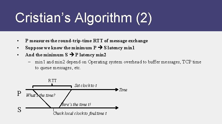 Cristian’s Algorithm (2) • • • P measures the round-trip-time RTT of message exchange