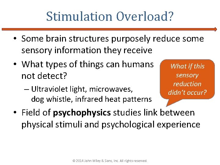 Stimulation Overload? • Some brain structures purposely reduce some sensory information they receive •