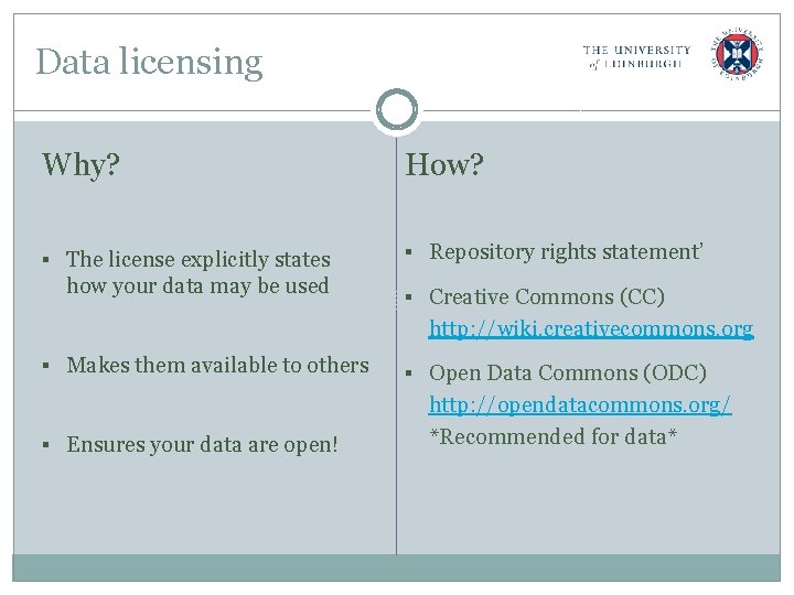 Data licensing Why? How? § The license explicitly states § Repository rights statement’ how