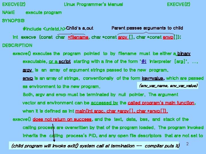 EXECVE(2) NAME Linux Programmer's Manual EXECVE(2) execute program SYNOPSIS #include <unistd. h> Child’s a. EXECVE(2) NAME Linux Programmer's Manual EXECVE(2) execute program SYNOPSIS #include <unistd. h> Child’s a.
