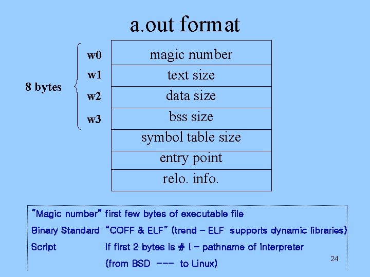 a. out format w 0 8 bytes w 1 w 2 w 3 magic a. out format w 0 8 bytes w 1 w 2 w 3 magic