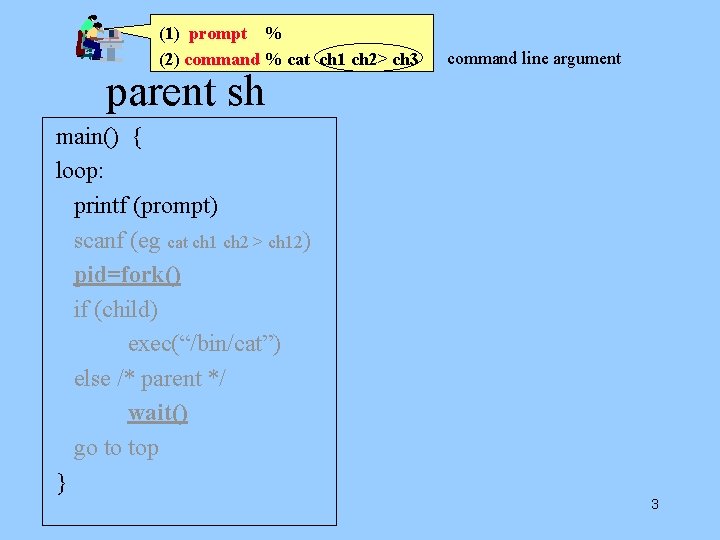 (1) prompt % (2) command % cat ch 1 ch 2> ch 3 parent (1) prompt % (2) command % cat ch 1 ch 2> ch 3 parent