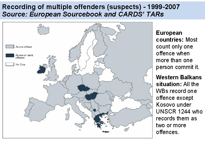 Recording of multiple offenders (suspects) - 1999 -2007 Source: European Sourcebook and CARDS’ TARs