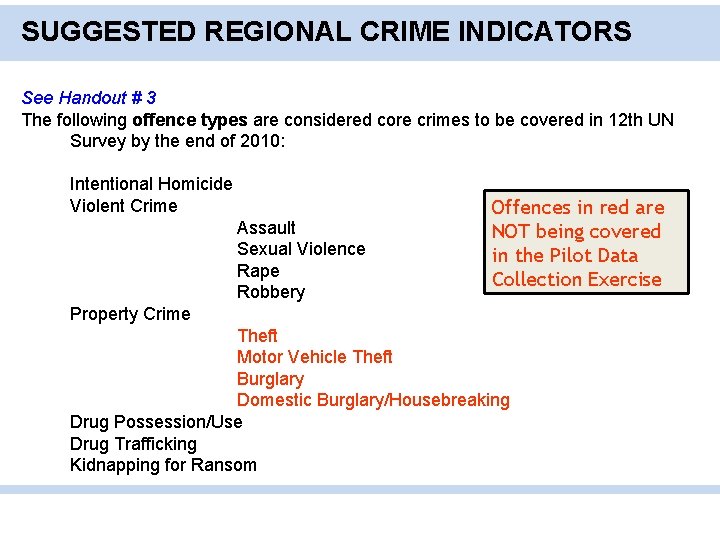 SUGGESTED REGIONAL CRIME INDICATORS See Handout # 3 The following offence types are considered