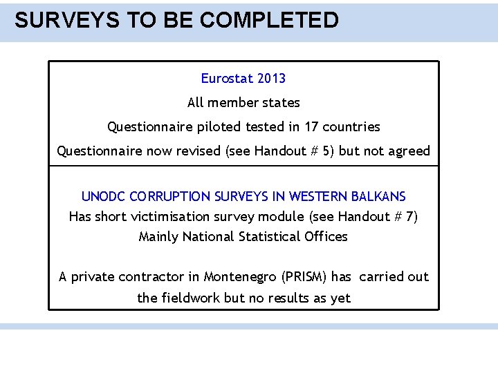 SURVEYS TO BE COMPLETED Eurostat 2013 All member states Questionnaire piloted tested in 17