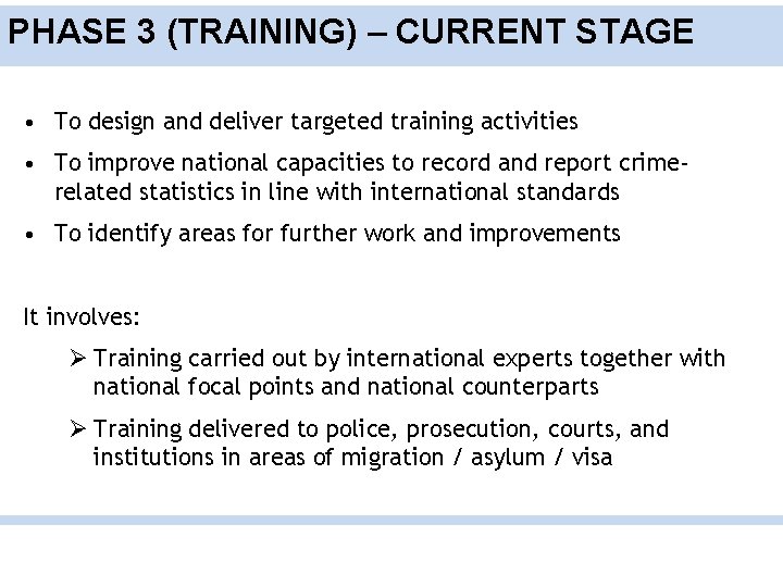 PHASE 3 (TRAINING) – CURRENT STAGE • To design and deliver targeted training activities