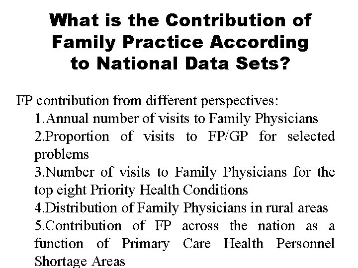 What is the Contribution of Family Practice According to National Data Sets? FP contribution