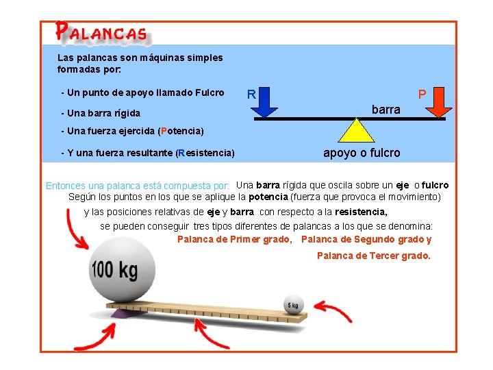 Las palancas son máquinas simples formadas por: - Un punto de apoyo llamado Fulcro