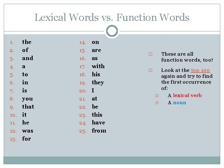 Lexical Words vs. Function Words the 2. of 3. and 4. a 5. to