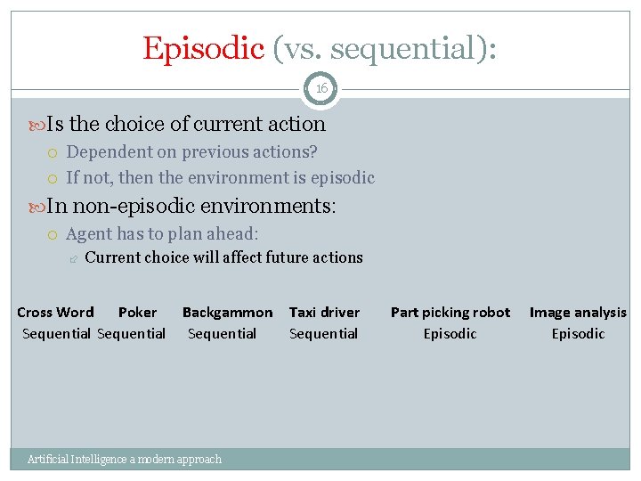 Episodic (vs. sequential): 16 Is the choice of current action Dependent on previous actions?