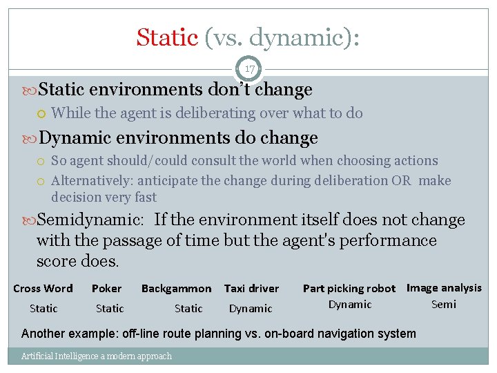 Static (vs. dynamic): 17 Static environments don’t change While the agent is deliberating over