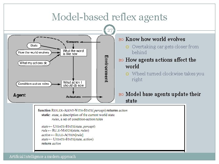 Model-based reflex agents 27 Know how world evolves Overtaking car gets closer from behind