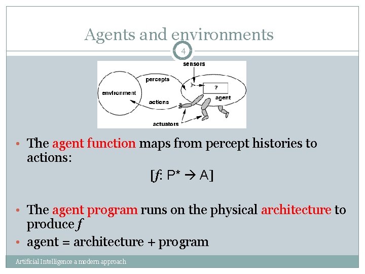 Agents and environments 4 • The agent function maps from percept histories to actions: