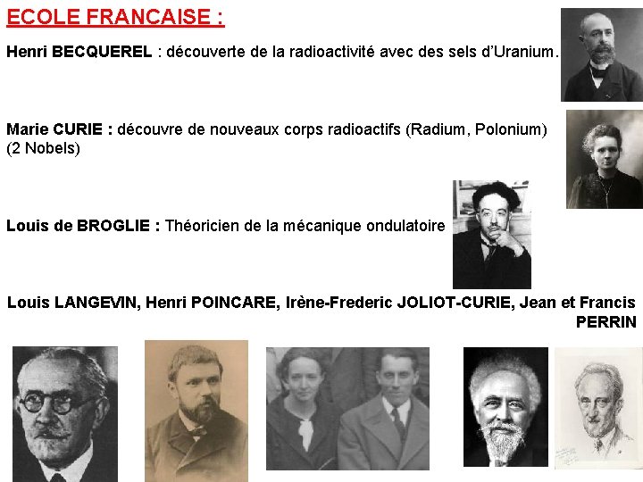 ECOLE FRANCAISE : Henri BECQUEREL : découverte de la radioactivité avec des sels d’Uranium.