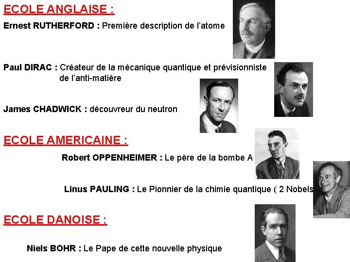 ECOLE ANGLAISE : Ernest RUTHERFORD : Première description de l’atome Paul DIRAC : Créateur