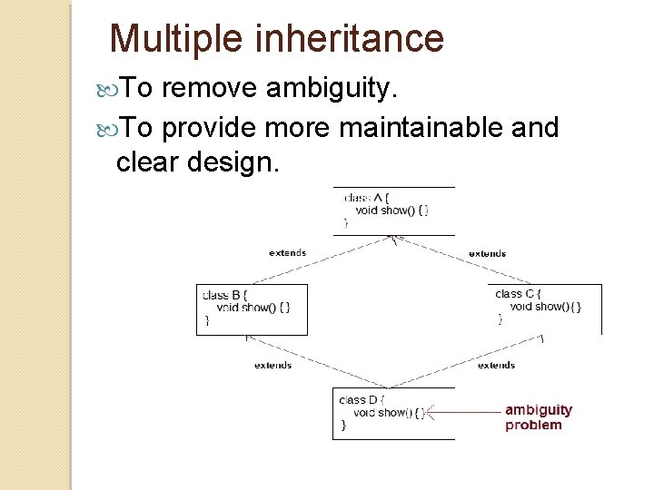 Multiple inheritance To remove ambiguity. To provide more maintainable and clear design. Multiple inheritance To remove ambiguity. To provide more maintainable and clear design.