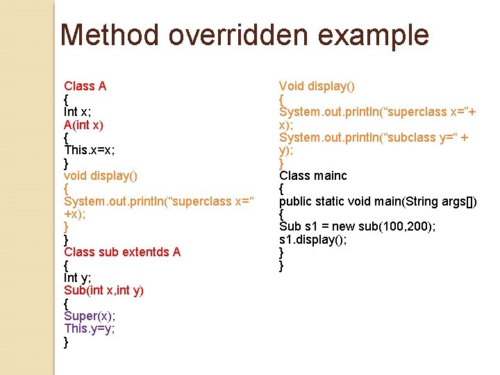 Method overridden example Class A { Int x; A(int x) { This. x=x; } Method overridden example Class A { Int x; A(int x) { This. x=x; }