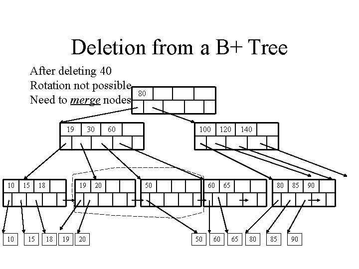 Deletion from a B+ Tree After deleting 40 Rotation not possible Need to merge