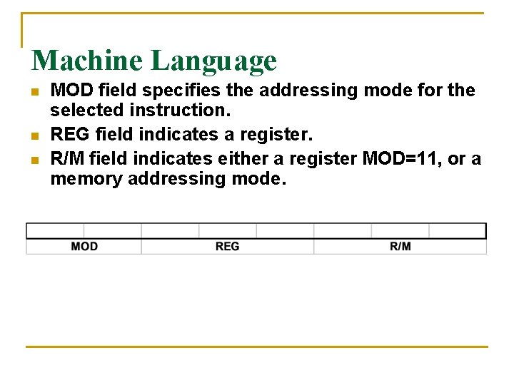 Machine Language n n n MOD field specifies the addressing mode for the selected