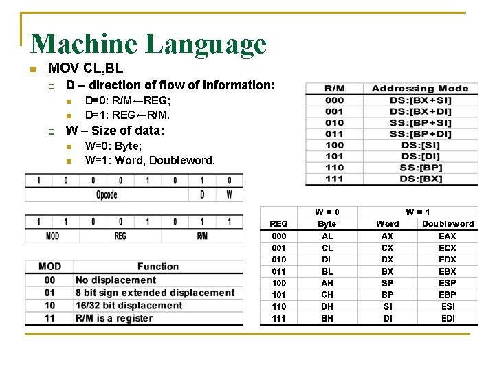 Machine Language n MOV CL, BL q D – direction of flow of information: