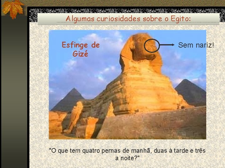 Algumas curiosidades sobre o Egito: Esfinge de Gizé Sem nariz! "O que tem quatro