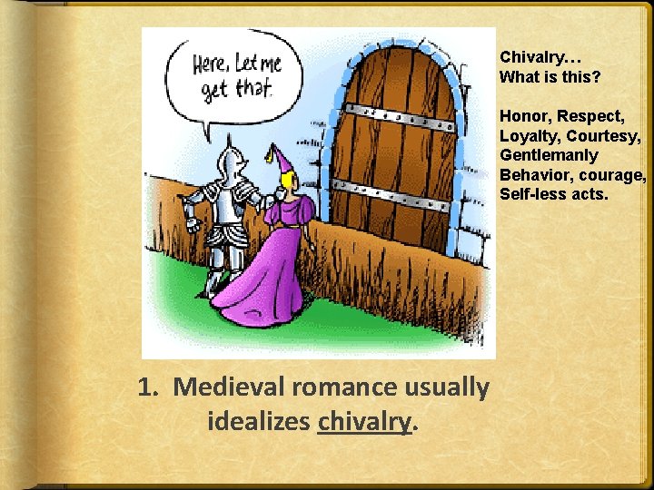 Chivalry… What is this? Honor, Respect, Loyalty, Courtesy, Gentlemanly Behavior, courage, Self-less acts. 1.