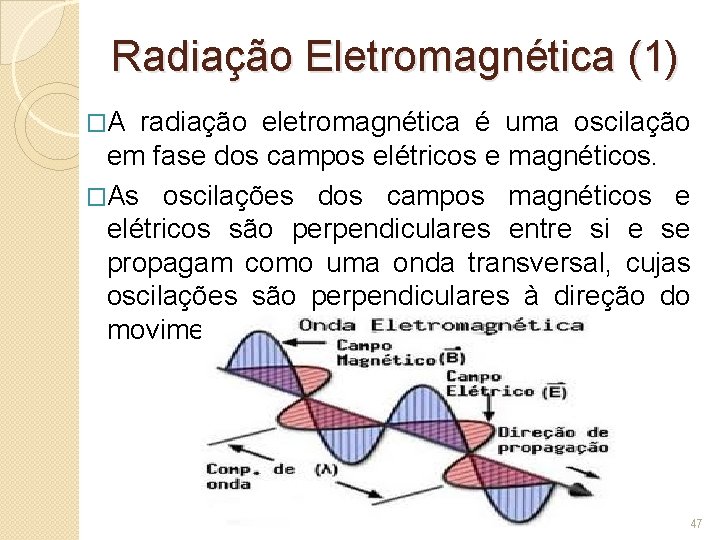 Radiação Eletromagnética (1) �A radiação eletromagnética é uma oscilação em fase dos campos elétricos