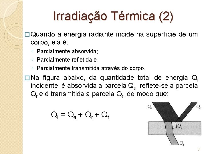 Irradiação Térmica (2) � Quando a energia radiante incide na superfície de um corpo,