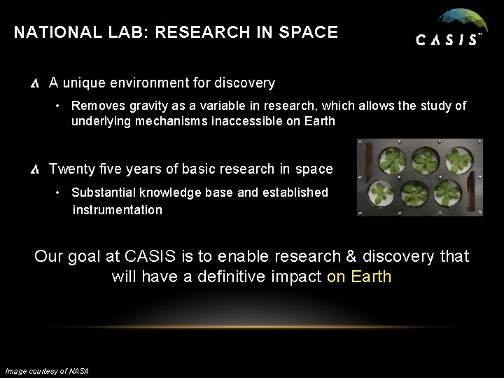NATIONAL LAB: RESEARCH IN SPACE A unique environment for discovery • Removes gravity as
