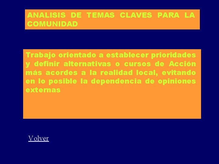 ANALISIS DE TEMAS CLAVES PARA LA COMUNIDAD Trabajo orientado a establecer prioridades y definir