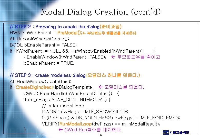 Modal Dialog Creation (cont’d) // STEP 2 : Preparing to create the dialog(준비과정) HWND
