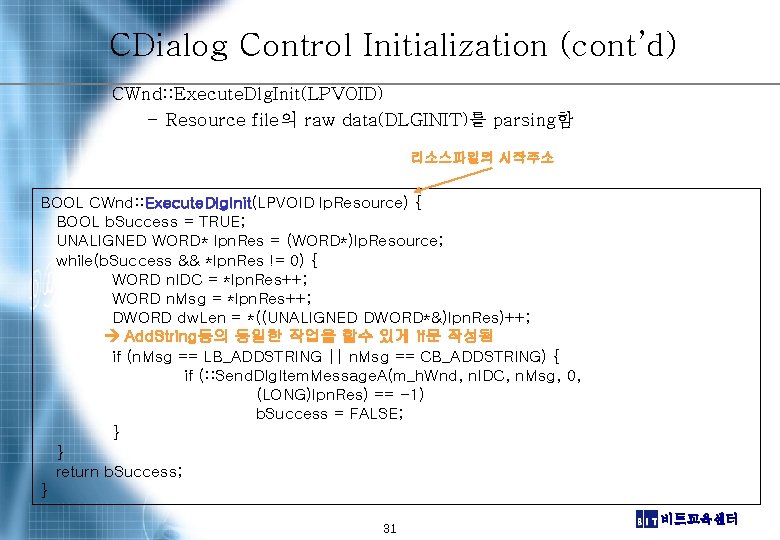 CDialog Control Initialization (cont’d) CWnd: : Execute. Dlg. Init(LPVOID) – Resource file의 raw data(DLGINIT)를