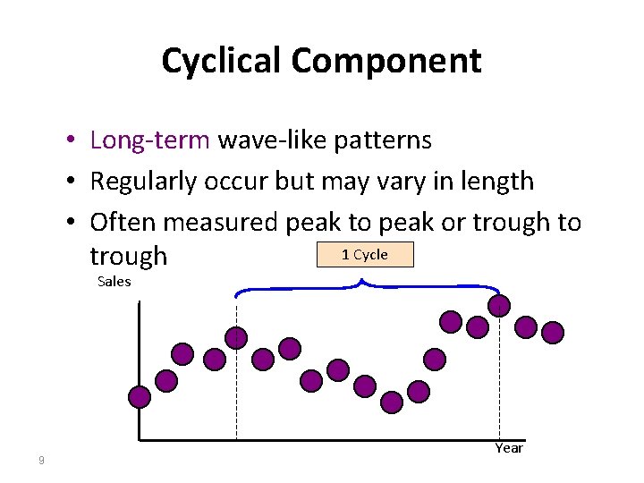 Cyclical Component • Long-term wave-like patterns • Regularly occur but may vary in length