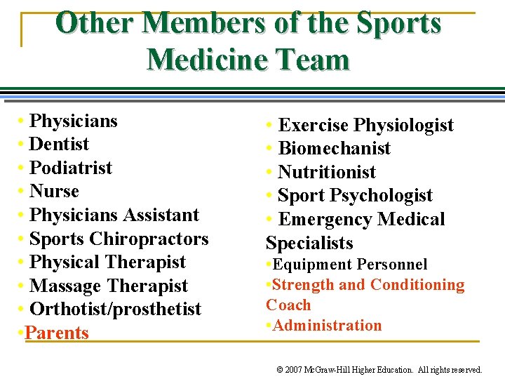 Other Members of the Sports Medicine Team • Physicians • Dentist • Podiatrist •