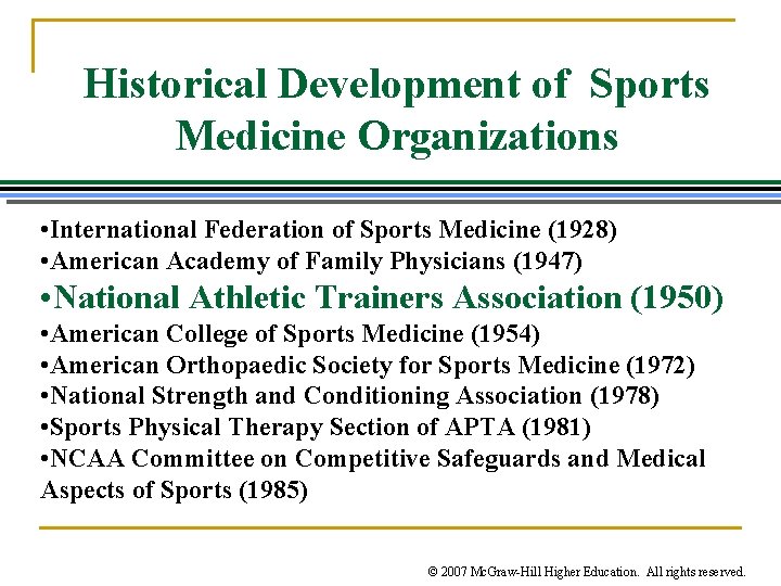 Historical Development of Sports Medicine Organizations • International Federation of Sports Medicine (1928) •