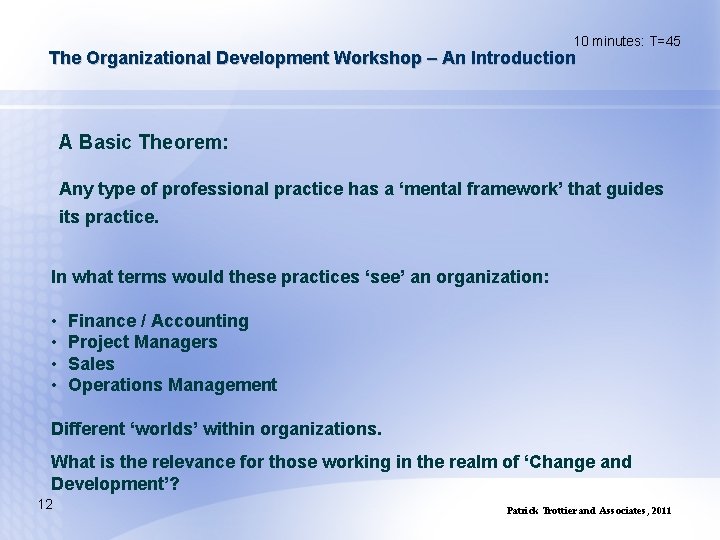 10 minutes: T=45 The Organizational Development Workshop – An Introduction A Basic Theorem: Any