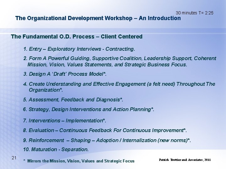 30 minutes T= 2: 25 The Organizational Development Workshop – An Introduction The Fundamental