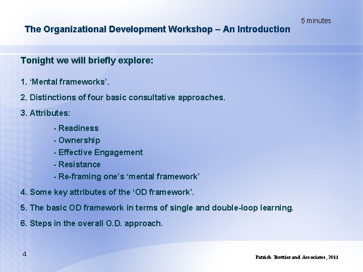 The Organizational Development Workshop – An Introduction 5 minutes Tonight we will briefly explore: