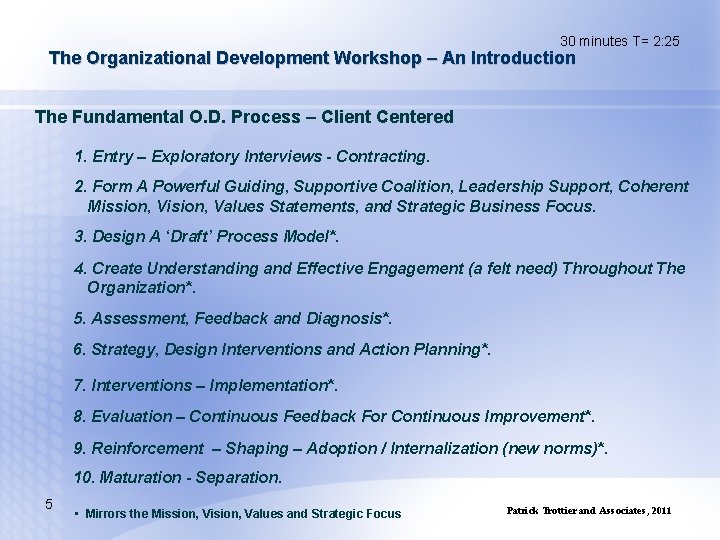 30 minutes T= 2: 25 The Organizational Development Workshop – An Introduction The Fundamental