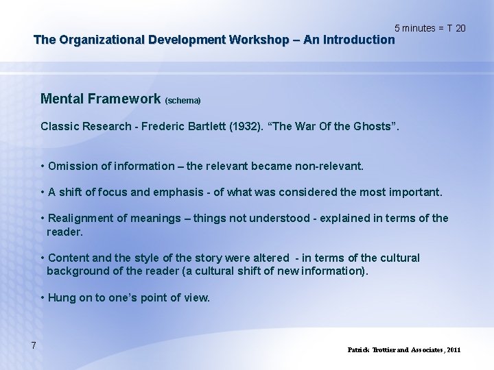 5 minutes = T 20 The Organizational Development Workshop – An Introduction Mental Framework
