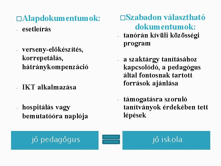 � Szabadon választható dokumentumok: � Alapdokumentumok: - - esetleírás - tanórán kívüli közösségi program