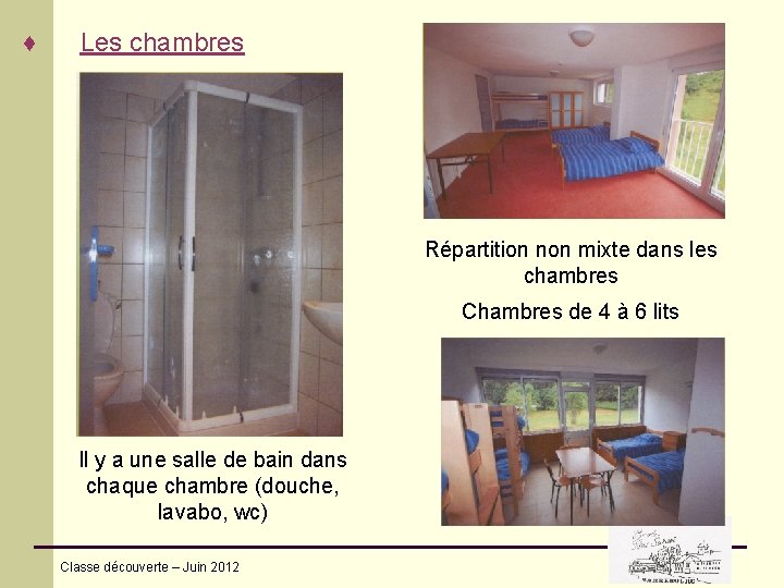 ♦ Les chambres Répartition non mixte dans les chambres Chambres de 4 à 6