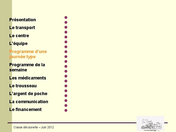 Présentation Le transport Le centre L’équipe Programme d’une journée type Programme de la semaine