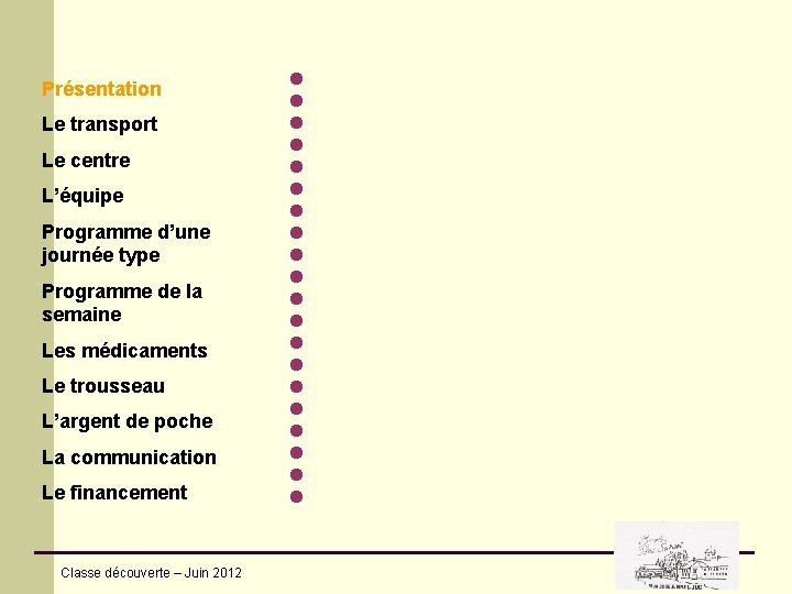 Présentation Le transport Le centre L’équipe Programme d’une journée type Programme de la semaine