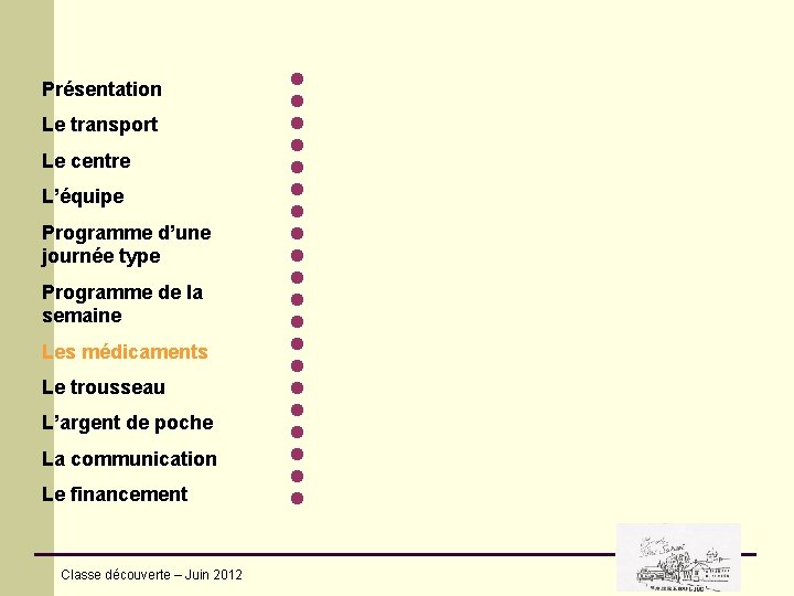 Présentation Le transport Le centre L’équipe Programme d’une journée type Programme de la semaine