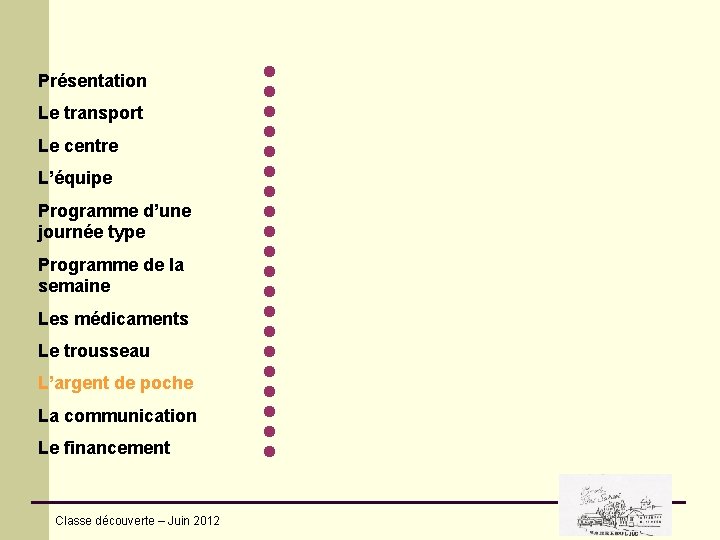 Présentation Le transport Le centre L’équipe Programme d’une journée type Programme de la semaine