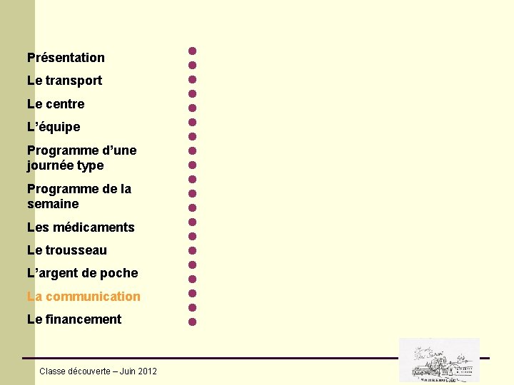 Présentation Le transport Le centre L’équipe Programme d’une journée type Programme de la semaine