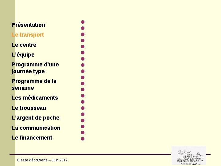 Présentation Le transport Le centre L’équipe Programme d’une journée type Programme de la semaine