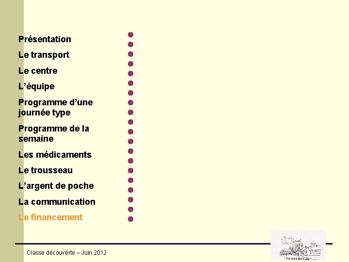 Présentation Le transport Le centre L’équipe Programme d’une journée type Programme de la semaine