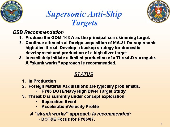 Supersonic Anti-Ship Targets DSB Recommendation 1. Produce the GQM-163 A as the principal sea-skimming